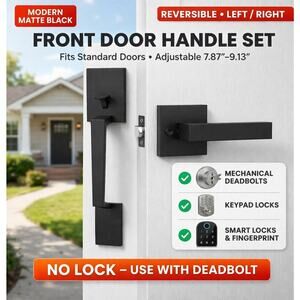 Heavy Duty Matte Black Front Door Handle Set Exterior Entry, Reversible No Lock